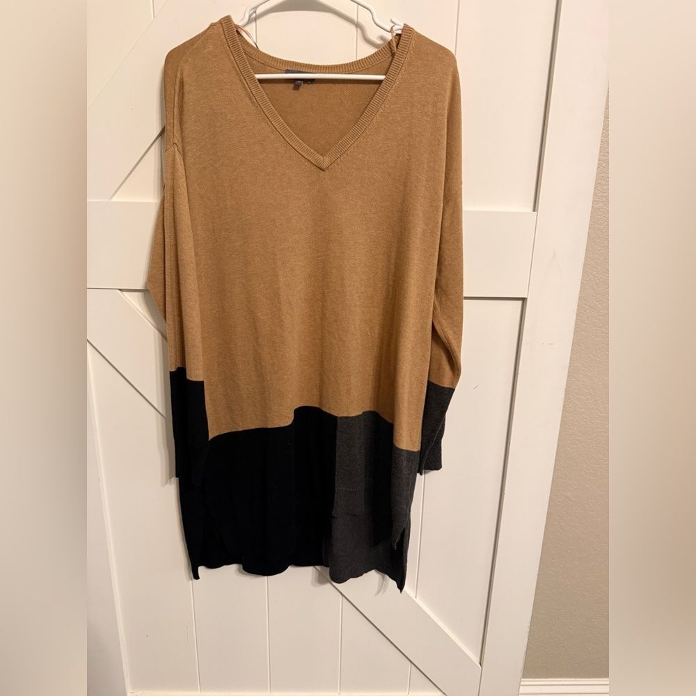 Vince Camuto Tan Black Colorblock V-Neck Sweater Tunic Women's XL Chic Workwear